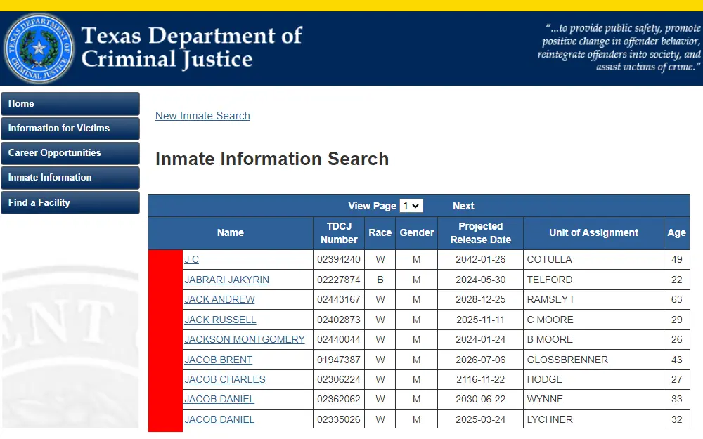 A screenshot of the Inmate Information Search tool of the Texas Department of Criminal Justice showing a list of inmate records showing the name of the inmate, TDCJ number, race, gender, projected release date, unit of assignment, and age.