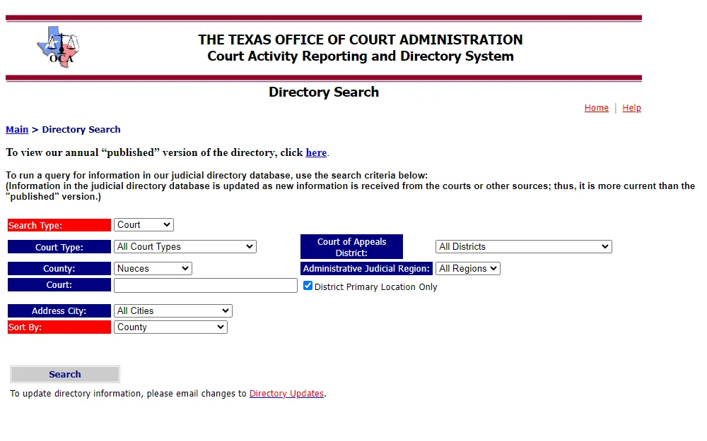 A screenshot of the Directory Search tool of the Texas Office of Court Administration searchable by providing the requirements needed to find state-level records.