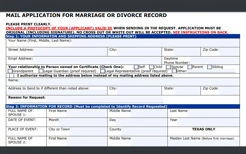 A screenshot of the Mail Application for Marriage or Divorce Record form that must be completed and then submitted through mail to the official custodian when requesting these records.