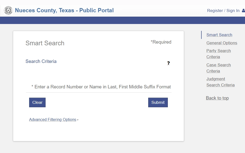 A screenshot of the Smart Search tool of Nueces County, Texas, where anyone can search for court records online with advanced filtering options for better results.