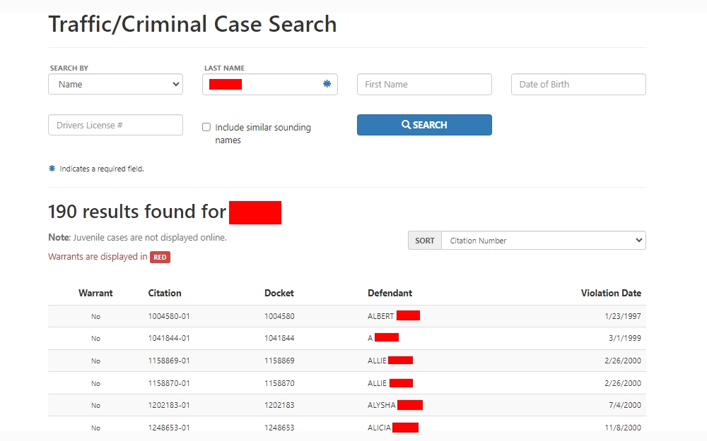 A screenshot of the Traffic/Criminal Case Search tool available on the Corpus Christi Municipal Court website with its sample results showing the citation numbers, docket numbers, defendant names, and violation dates.