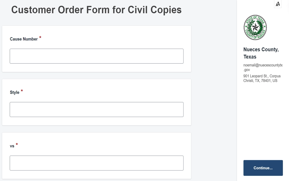 A screenshot of a customer order form of Nueces County used to request civil document copies, with fields for cause number, case style, and parties involved, from a county office in Texas.
