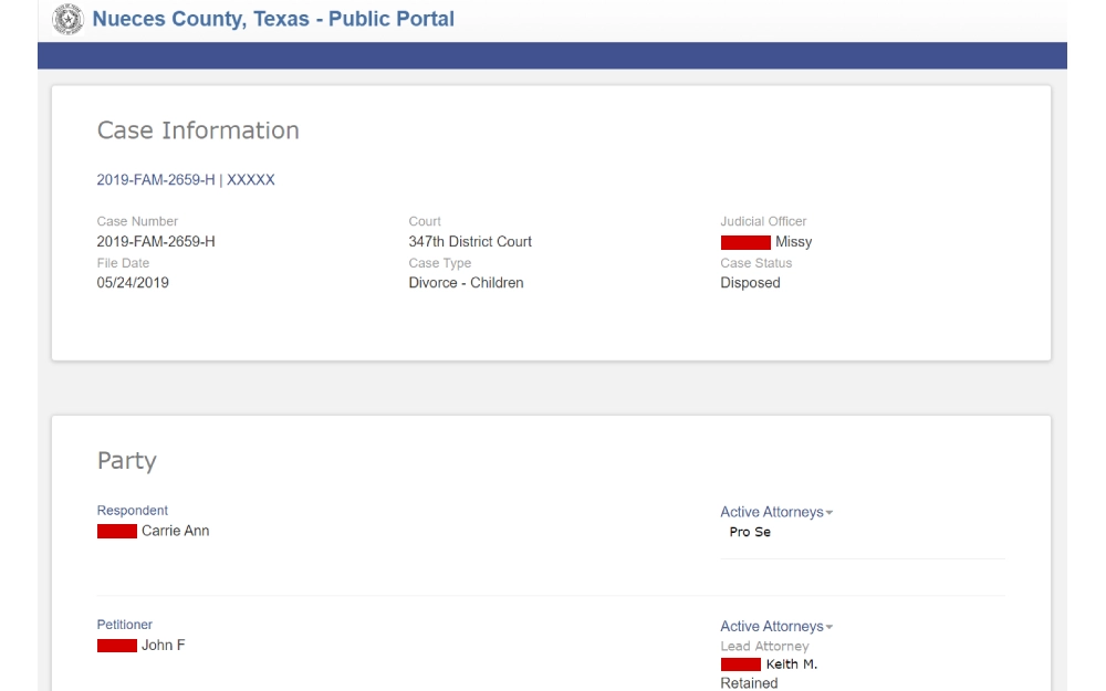 A screenshot of a sample case information resulting from the Nueces County Public Portal search with details including the individual's case number, court name, judicial officer, case type involving children, and the case status.