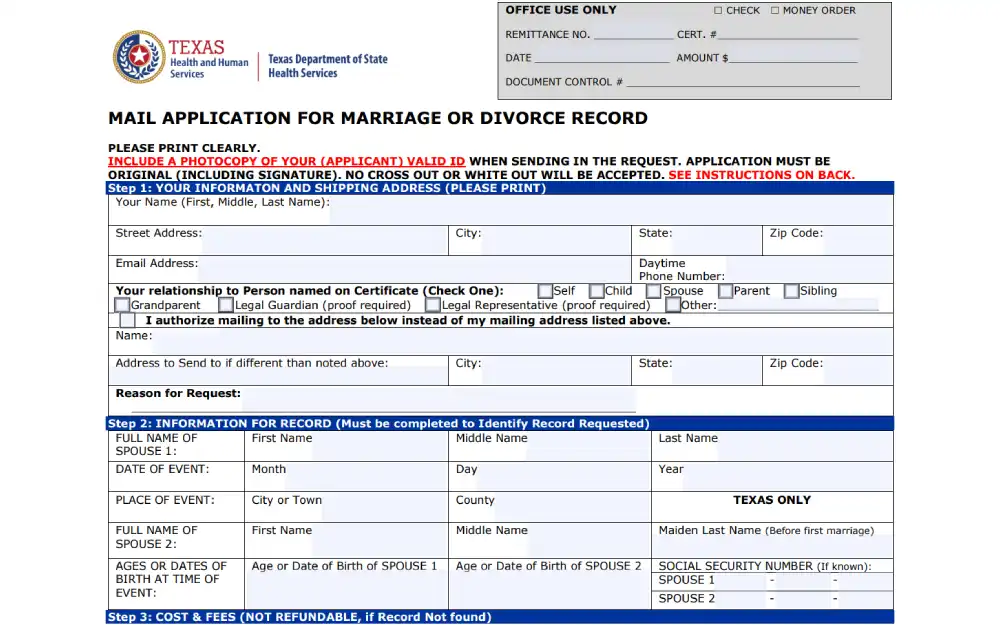 A screenshot of the Texas application form for marriage or divorce records requests from the department of health services, containing the instructions on completing the form and the fields that must be filled out with the requester's personal information, relationship to the individual on the certificate, and other details.