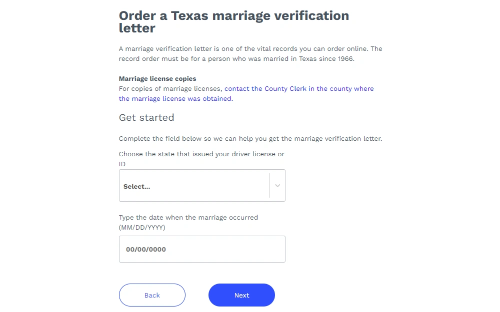 A screenshot from the State Department of Health showing the online order form for a marriage verification letter.