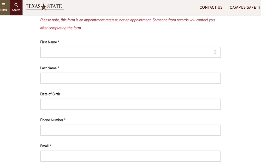 A screenshot of an online form from the Texas State University detailing first name, last name, date of birth, phone number, and email to request an appointment, not an immediate booking.