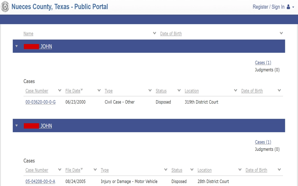 A screenshot from the Nueces County Court showing a search result for cases associated with a name, displaying case numbers, file dates, types of cases, their status, and the court location.