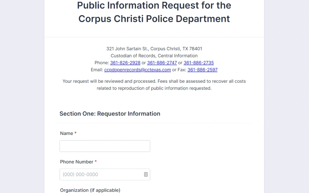 A screenshot displaying the top portion of a public information request form for the Corpus Christi Police Department, with contact details and a section for requester information to be filled out.