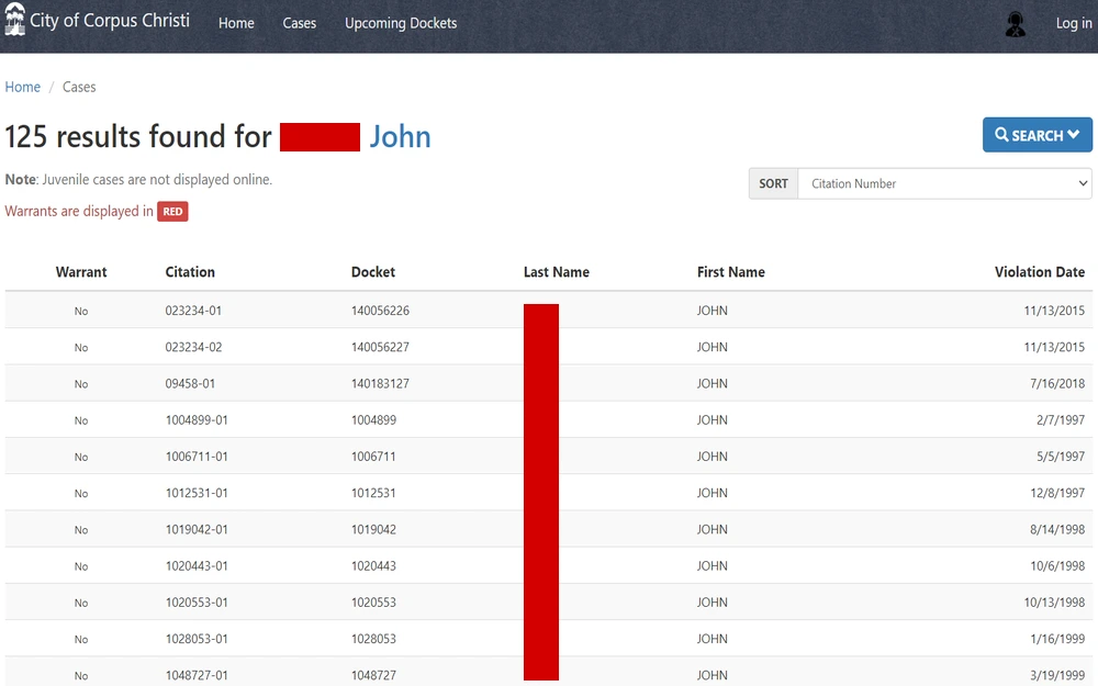 A screenshot from the City of Corpus Christi Municipal Court detailing warrant status, citation number, docket number, last and first names, and the dates of violations.