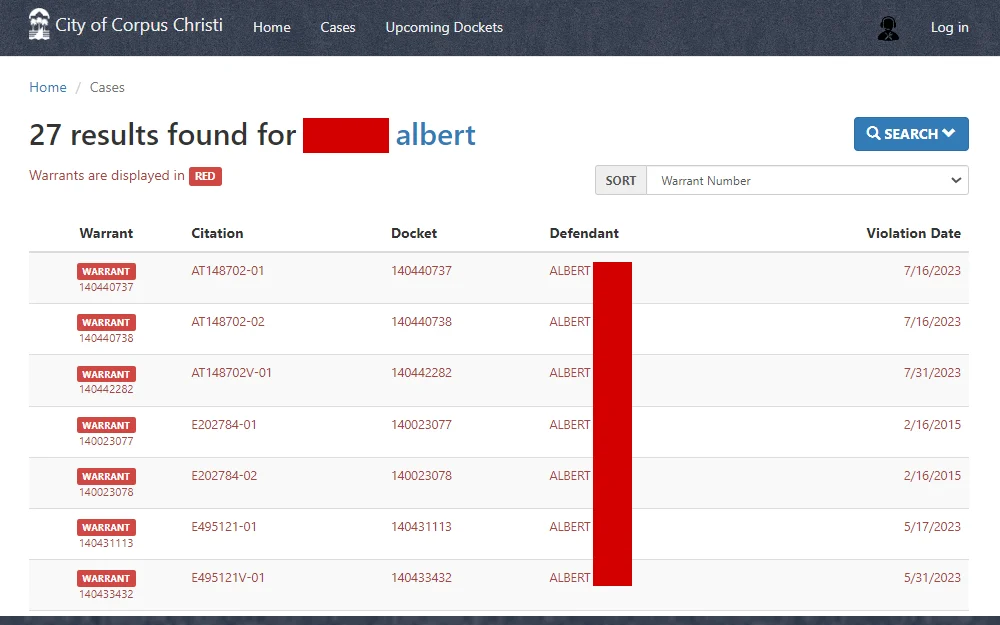 Screenshot of the search results for warrants from Corpus Christi Municipal Court record search tool, listing the following details in table form: warrant number, citation number, docket number, last name, first name, and violation date, with warrants highlighted in red.
