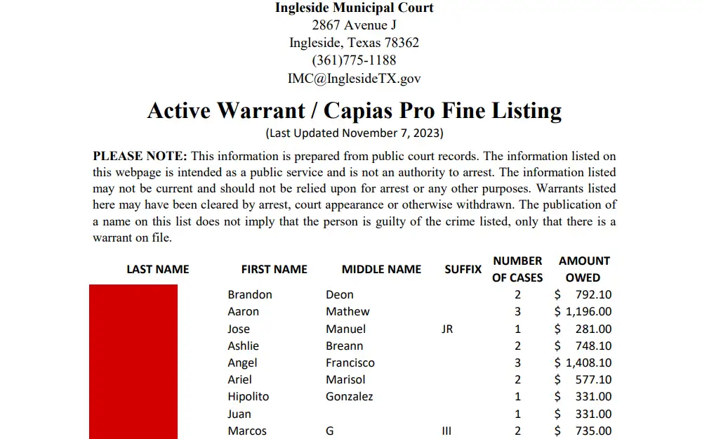 Screenshot of the list of active warrants in November 2023 from Ingleside Municipal Court with a note about the information provided, displaying the following details: last name, first name, middle name, suffix, number of cases, and amount owed.