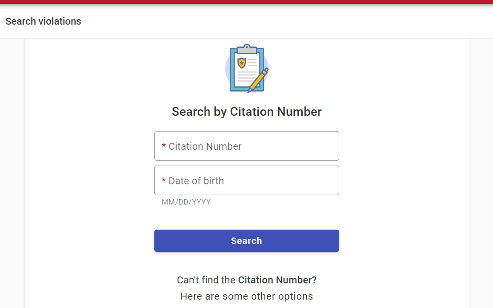 Screenshot of the search tool for violations from the municipal court of Robstown City, displaying the search by citation number feature requiring both the citation number and date of birth of the defendant.