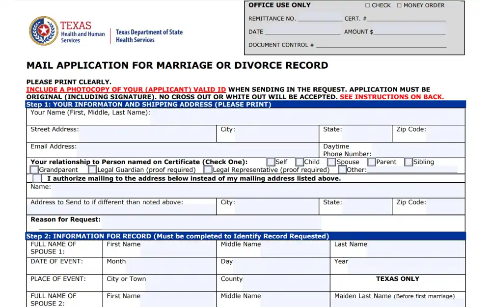 A screenshot of the Mail Application for Marriage or Divorce Record form that must be completed and then submitted through mail to the official custodian when requesting these records.