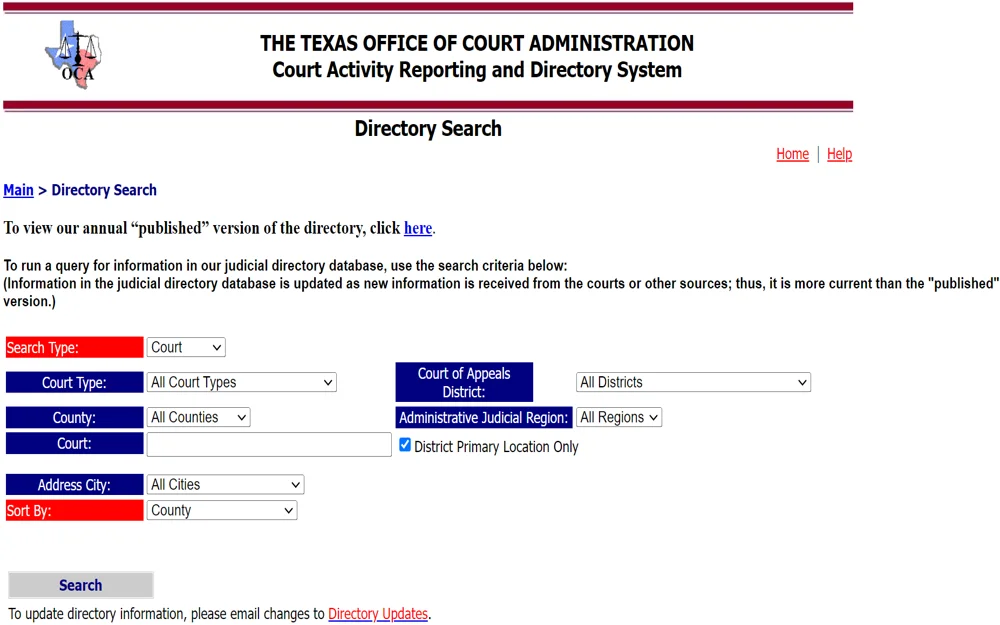 A screenshot of the Directory Search tool of the Texas Office of Court Administration searchable by providing the requirements needed to find state-level records.