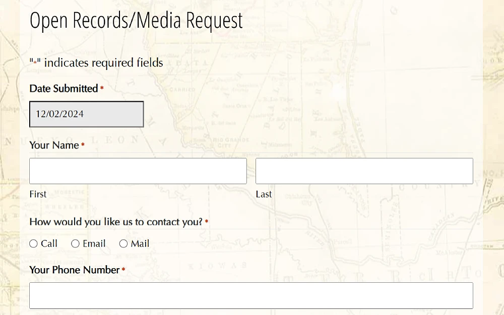 A screenshot of an online open records request form from the Robstown City Police Department website with the date submitted and contact method to be selected, first and last name, and phone number to be filled in.