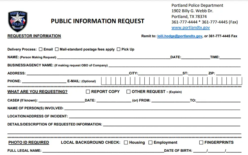 A screenshot from the Portland Police Department website showing a public information request displaying information to be filled out, such as name, address, phone number, case number, name of person/s involved, location or address of incident, and others.