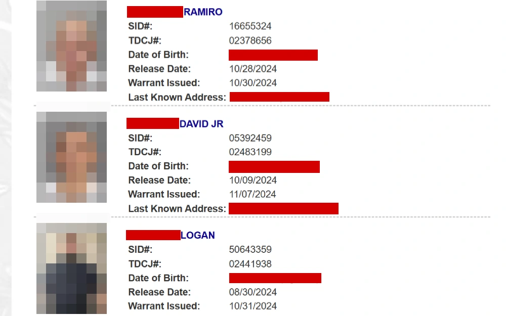 A screenshot of the sex absconder search results displaying photos, full name, SID and TDCJ number, date of birth, release date, warrant issued date and last known address from the Texas Department of Criminal Justice website.